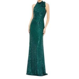 Mac Duggal Teal Sequined Soft Tie Halter Neck Column Gown Style 11280 Size 2 NEW